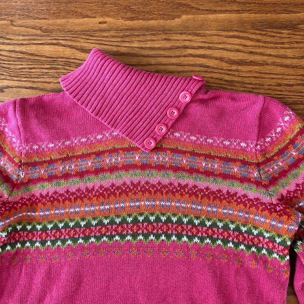 Vintage 90s Tiara Pink Fair Isle Turtleneck Sweater Button Collar Size Medium - Picture 3 of 10
